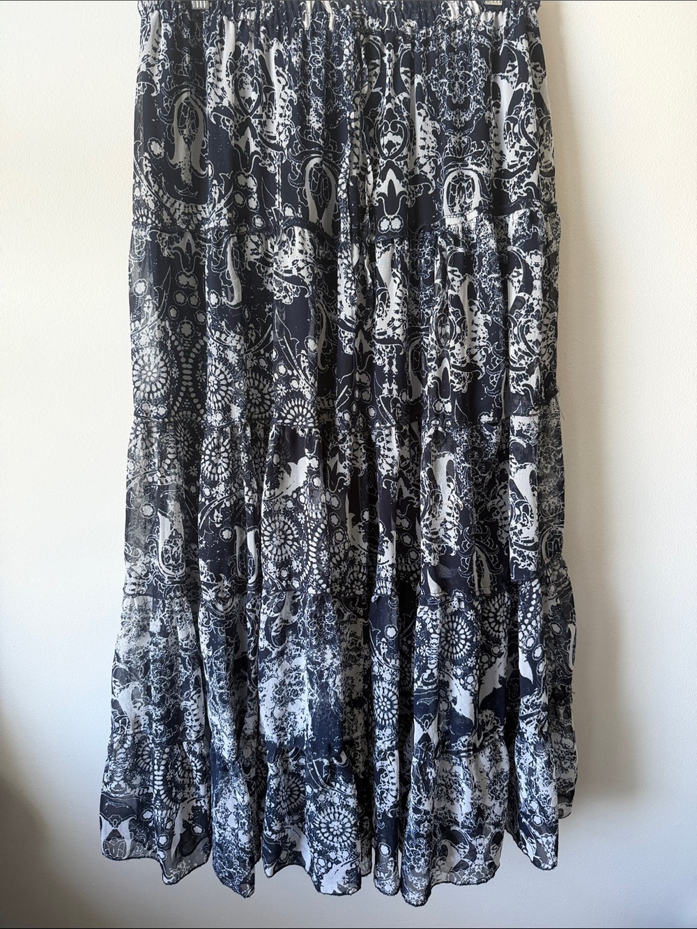 Black & White Tiered Maxi Skirt with Paisley Medallion Print